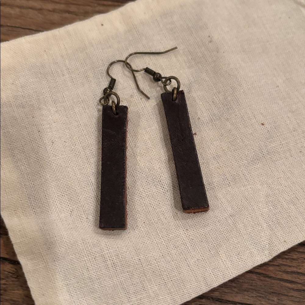Brown Leather Rectangular Earrings